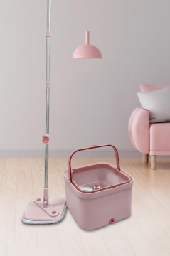 Flora Kare Spin Mop Set, Temiz ve Kirli Suyu Ayıran Mikrofiber Döner Temizlik Seti 1+1 Mop Pembe