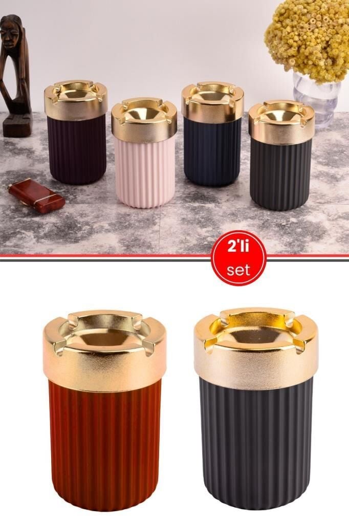 2 Adet Çizgili Oto Kokusuz Gold Küllük, Kokusuz Dumansız Yuvarlak Lüks Küllük 2’li Set Siyah-Kırmızı