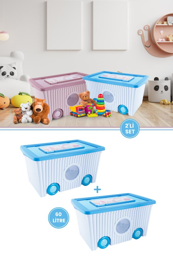 Mavi Kapaklı Tekerlekli Saklama Kutusu 2'li Set - Ev Düzenleyici Oyuncak Kutuları