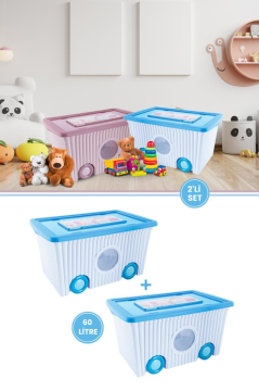 Mavi Kapaklı Tekerlekli Saklama Kutusu 2'li Set - Ev Düzenleyici Oyuncak Kutuları