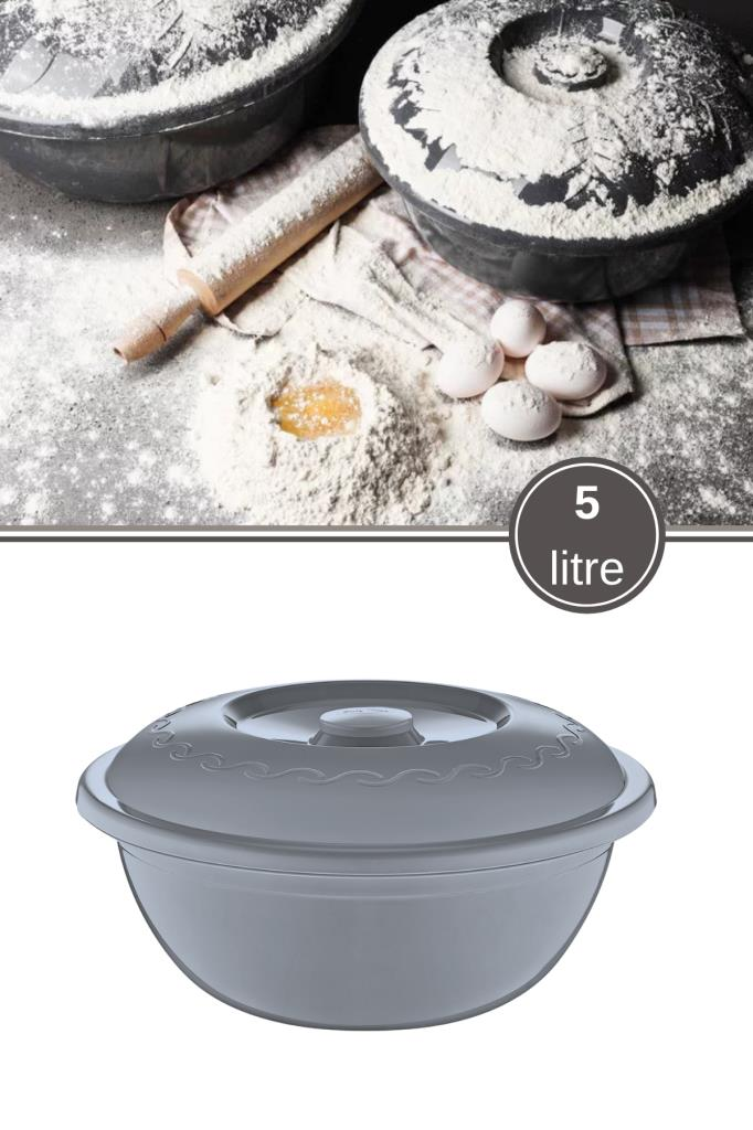 Kapaklı Hamur Leğeni 5 Lt, Çok Amaçlı Pasta Kek Hamur Yoğurma Çırpma Saklama Kabı Un Kutusu Gri
