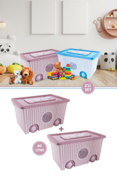 Kapaklı Tekerlekli Taşınabilir Büyük Saklama Kutusu, Pembe Oyuncak Kutusu 2'li Set