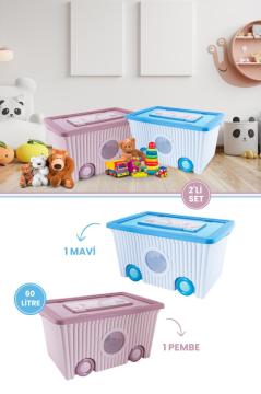 Kapaklı ve Taşınabilir 60 Litre Tekerlekli Oyuncak Saklama Kutusu 2’li Set 1 Pembe 1 Mavi