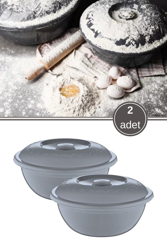2 Adet Kapaklı Hamur Leğeni 5 Lt, Kek Börek Mayalama Yoğurma Çırpma Saklama Kabı Un Kutusu Gri