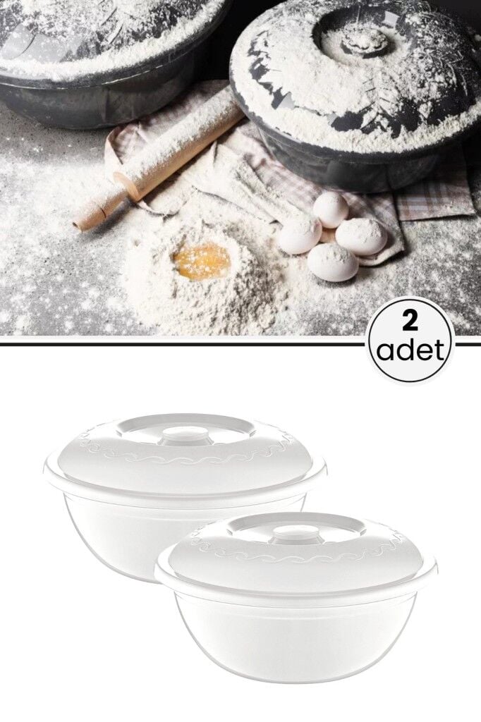 2 Adet Kapaklı Hamur Leğeni 5 Lt, Kek Börek Mayalama Yoğurma Çırpma Saklama Kabı Un Kutusu Beyaz