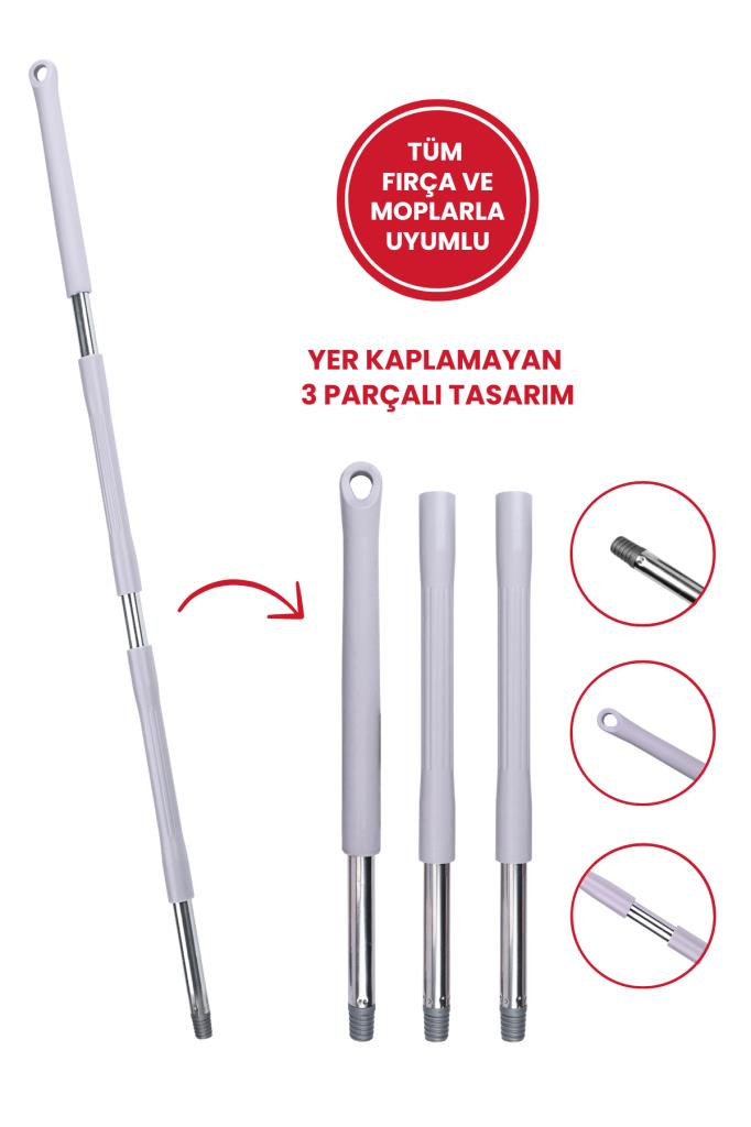 Tüm Vidalı Fırça ve Temizlik Gereçleriyle Uyumlu Mop Sapı, 3 Parçalı, Ayrılabilir, Çok Amaçlı Gri