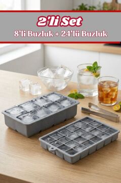 2 Adet Silikon Küp Buzluk Seti, 8 Bölmeli Buz Kalıbı (5cm Küp) + 24’lü Buz Kalıbı (2,5cm Küp) Seti
