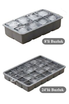2 Adet Silikon Küp Buzluk Seti, 8 Bölmeli Buz Kalıbı (5cm Küp) + 24’lü Buz Kalıbı (2,5cm Küp) Seti