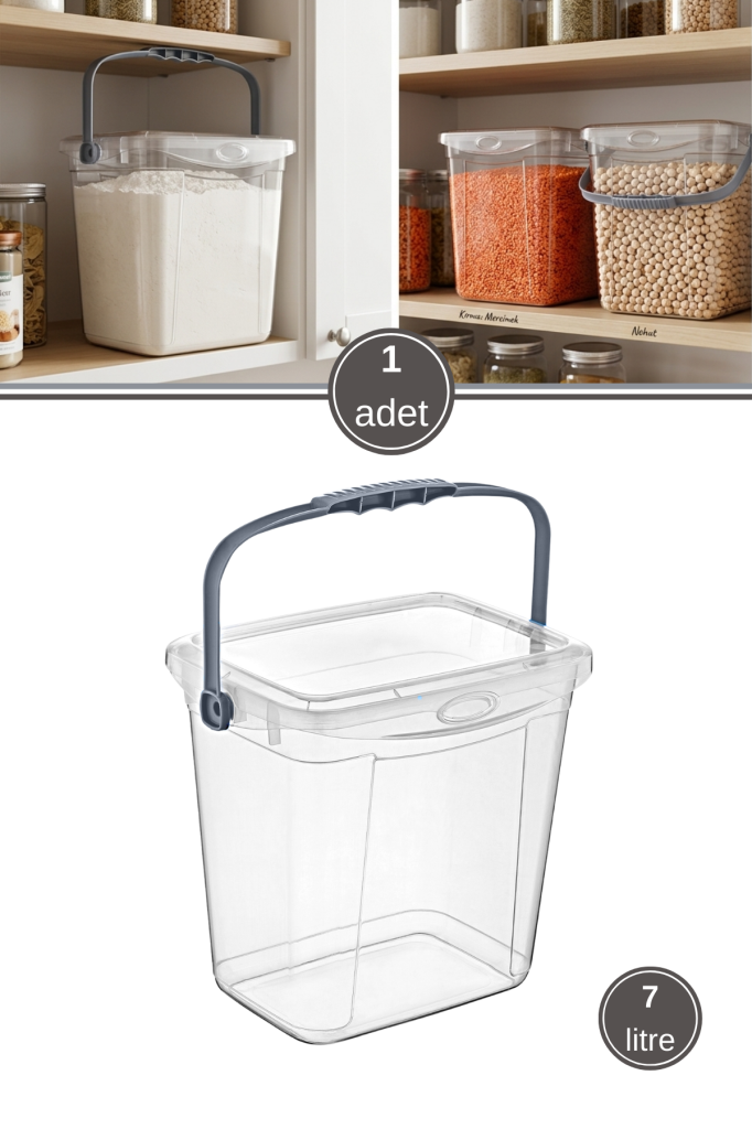 Flora 7 Lt Erzak Saklama Kabı, Kulplu Kapaklı Un Bakliyat Gıda Çok Amaçlı Saklama Kutusu 1 Adet