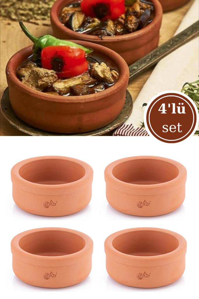Elizi Çömlekleri 4 Adet Toprak Güveç Kasesi, Fırın Sütlaç Yoğurt Kabı 4’lü Set (4x500ml)