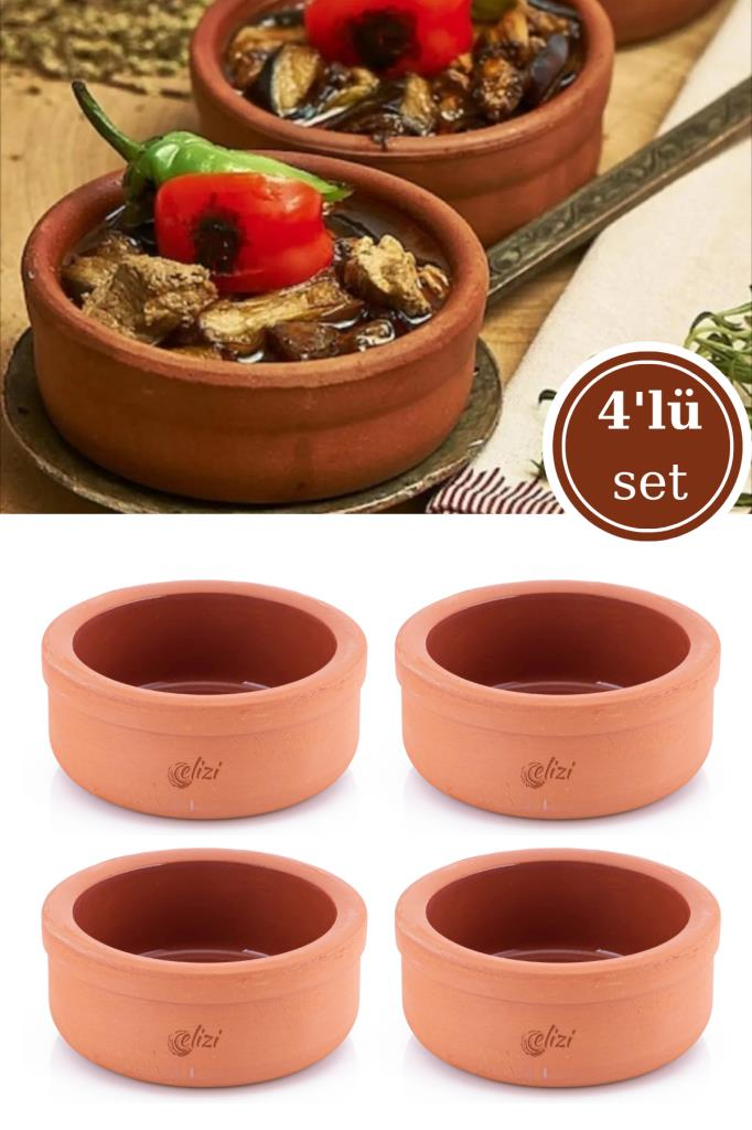 Elizi Çömlekleri 4 Adet Sırlı Toprak Güveç Kasesi, Fırın Sütlaç Yoğurt Kabı 4’lü Set (4x500ml) SIRLI