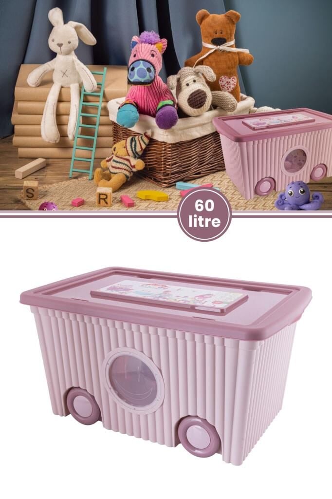 Tekerlekli Taşınabilir Bebek Çocuk Odası Oyuncak Saklama Kutusu Kapaklı Büyük Boy 60 litre Pembe