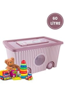Tekerlekli Taşınabilir Bebek Çocuk Odası Oyuncak Saklama Kutusu Kapaklı Büyük Boy 60 litre Pembe