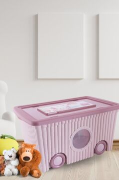 Tekerlekli Taşınabilir Bebek Çocuk Odası Oyuncak Saklama Kutusu Kapaklı Büyük Boy 60 litre Pembe