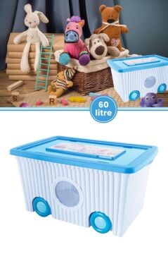 Tekerlekli Taşınabilir Bebek Çocuk Odası Oyuncak Saklama Kutusu Kapaklı Büyük Boy 60 litre Mavi