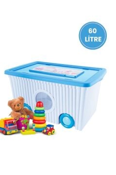 Tekerlekli Taşınabilir Bebek Çocuk Odası Oyuncak Saklama Kutusu Kapaklı Büyük Boy 60 litre Mavi