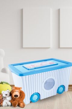 Tekerlekli Taşınabilir Bebek Çocuk Odası Oyuncak Saklama Kutusu Kapaklı Büyük Boy 60 litre Mavi