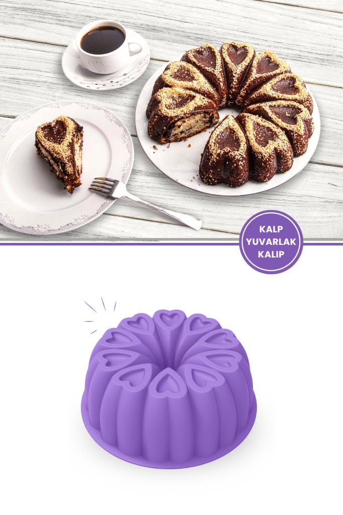 Kalp Desenli Yuvarlak Silikon Kek Kalıbı 23 cm LİLA