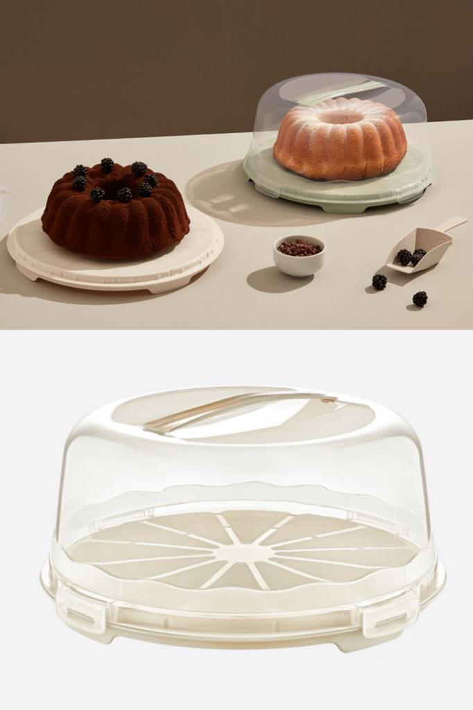 Flosoft Kek Pasta Börek Saklama Kabı, Kilitli Borcam Taşıma Fanusu 34cm Büyük Boy Krem
