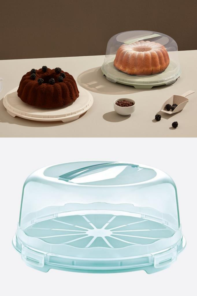Flosoft Kek Pasta Börek Saklama Kabı, Kilitli Borcam Taşıma Fanusu 34cm Büyük Boy Yeşil