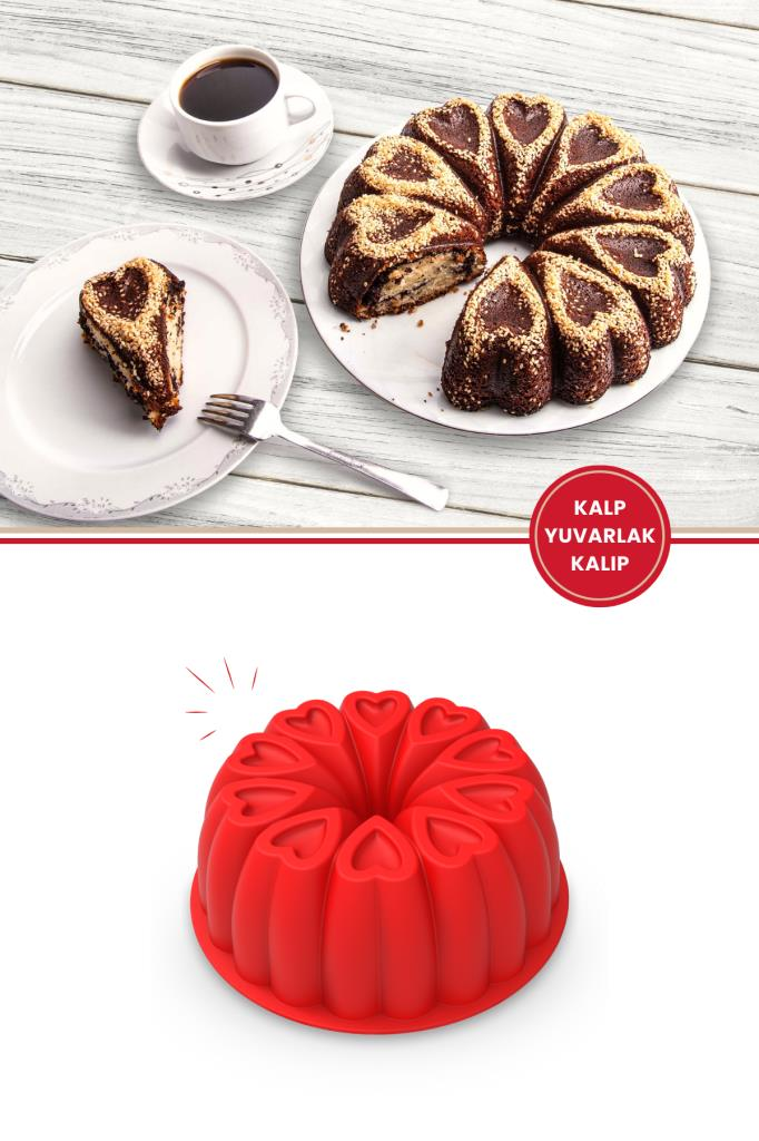Kalp Desenli Yuvarlak Silikon Kek Kalıbı 23 cm Kırmızı