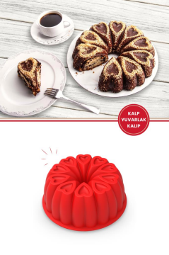 Kalp Desenli Yuvarlak Silikon Kek Kalıbı 23 cm Kırmızı