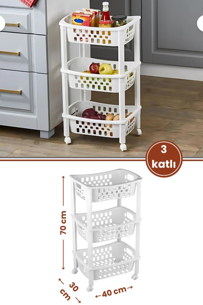 Flora 3 Katlı Patates ve Soğanlık, Tekerlekli Sebzelik Meyvelik Mutfak Banyo Balkon Düzenleyici Raf