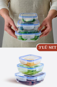 Flosoft Sızdırmaz Hava Almaz Contalı Kilitli Kare Saklama Kabı 3’lü Set (600ml,1000ml,1700ml)
