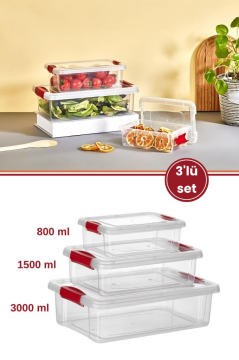 3’lü Kilitli Kapaklı Saklama Kutusu Seti, Buzdolabı Düzenleyici Erzak Saklama Kabı (800,1500,3000ml)