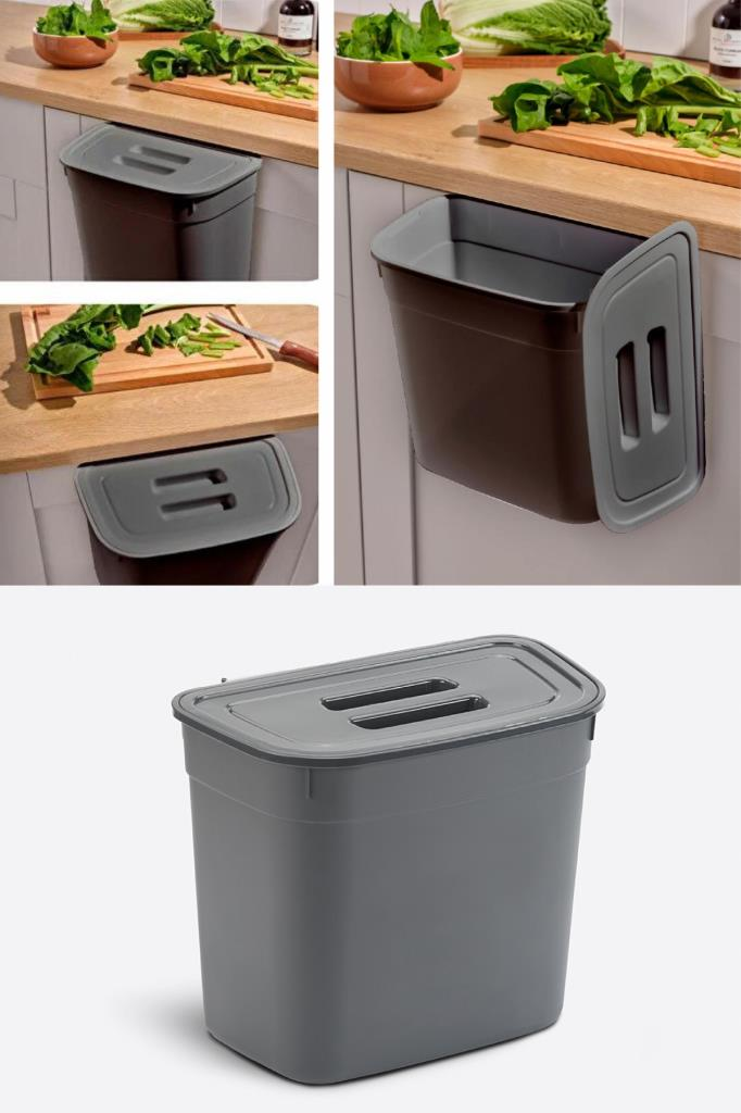 Flosoft Dolap İçi Kapaklı Asılabilir Çöp Kovası, Dolap Kapağı Askılı Çöp Kutusu 7 litre Füme