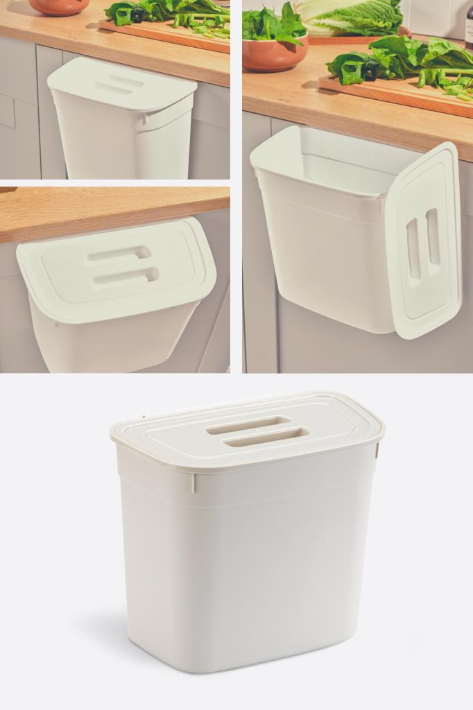 Flosoft Dolap İçi Kapaklı Asılabilir Çöp Kovası, Dolap Kapağı Askılı Çöp Kutusu 7 litre Krem