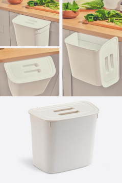 Flosoft Dolap İçi Kapaklı Asılabilir Çöp Kovası, Dolap Kapağı Askılı Çöp Kutusu 7 litre Krem