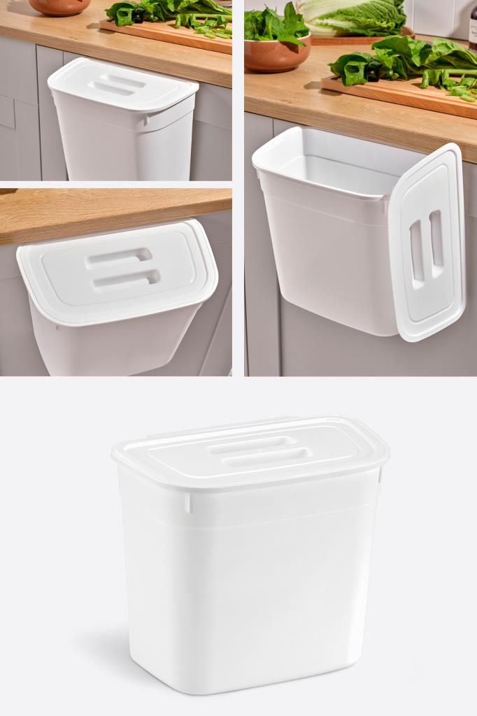 Flosoft Dolap İçi Kapaklı Asılabilir Çöp Kovası, Dolap Kapağı Askılı Çöp Kutusu 7 litre Beyaz