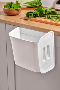 Flosoft Dolap İçi Kapaklı Asılabilir Çöp Kovası, Dolap Kapağı Askılı Çöp Kutusu 7 litre Beyaz