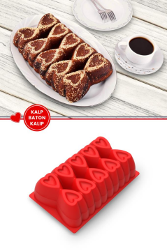 Kalp Desenli Risotto Silikon Baton Kek Kalıbı 26x16 cm Kırmızı