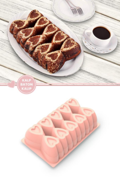Kalp Desenli Risotto Silikon Baton Kek Kalıbı 26x16 cm SOFT PEMBE