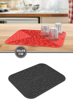 Bulaşık Kurutma Matı, Bulaşıklık - Su Toplamaz Silikon Bulaşık Altlığı Orta Boy 36x25 cm Siyah