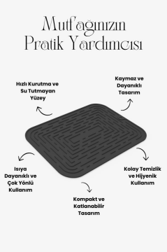 Bulaşık Kurutma Matı, Bulaşıklık - Su Toplamaz Silikon Bulaşık Altlığı Orta Boy 36x25 cm Siyah