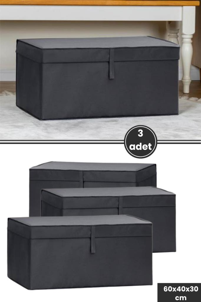 Mega Kutu Hurç, Yastık Çarşaf Kıyafet Dolap Düzenleyici Mukavva Destekli (60x40cm) 3 Adet Antrasit