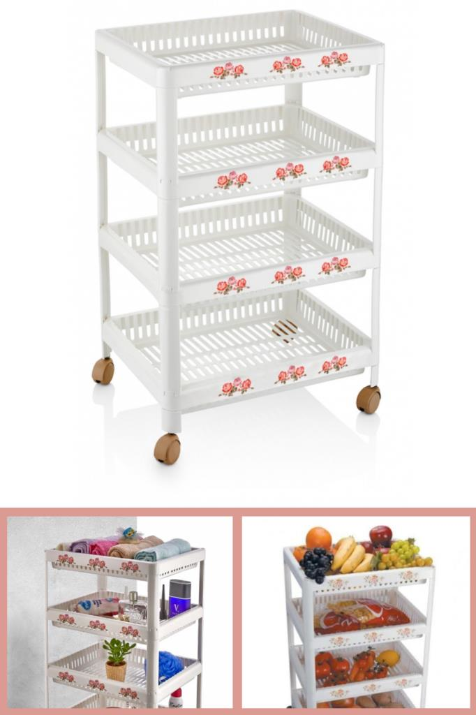Flosoft Nostalji 4 Katlı Tekerlekli Sebzelik, Vintage Mutfak Banyo Standı, Çok Amaçlı Raf Ünitesi