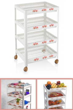 Flosoft Nostalji 4 Katlı Tekerlekli Sebzelik, Vintage Mutfak Banyo Standı, Çok Amaçlı Raf Ünitesi