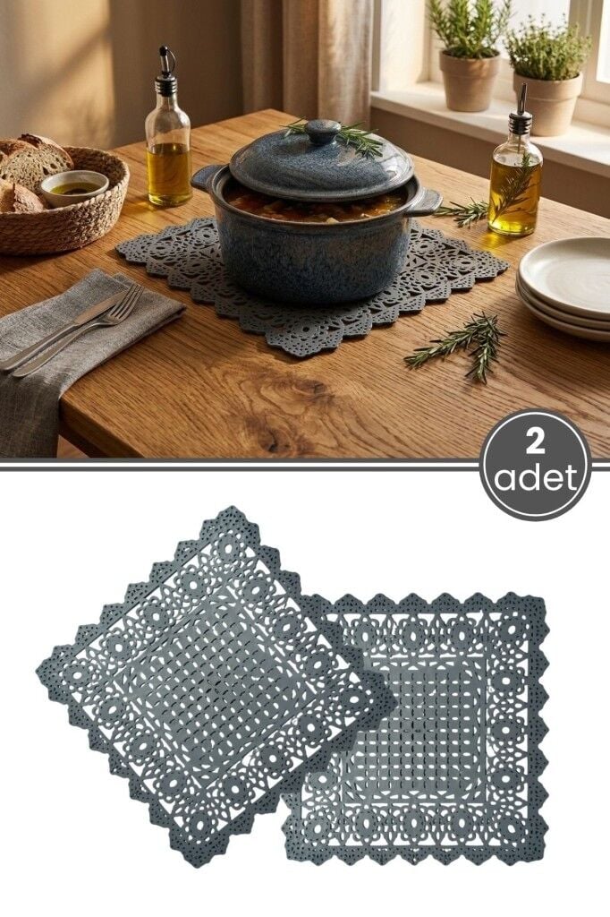 2 Adet Silikon Kare Dantel Nihale 22 cm, Isıya Dayanıklı Kaymaz Tezgah Üstü Mat Tencere Altlığı 2’li
