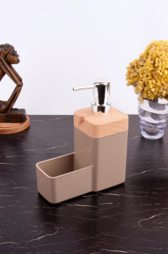 Bambu Desenli Süngerli Mutfak Sabunluğu & Bulaşık Deterjanlığı, Akrilik Sıvı Sabun Deterjan Şişesi Sünger Hazneli Kahve