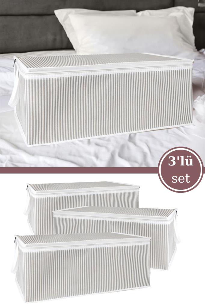 3’lü Baskılı Baza Hurcu Seti, Yatak Kanepe Altı Yastık Kıyafet Çamaşır Düzenleyici (60x40xcm) 3 Adet