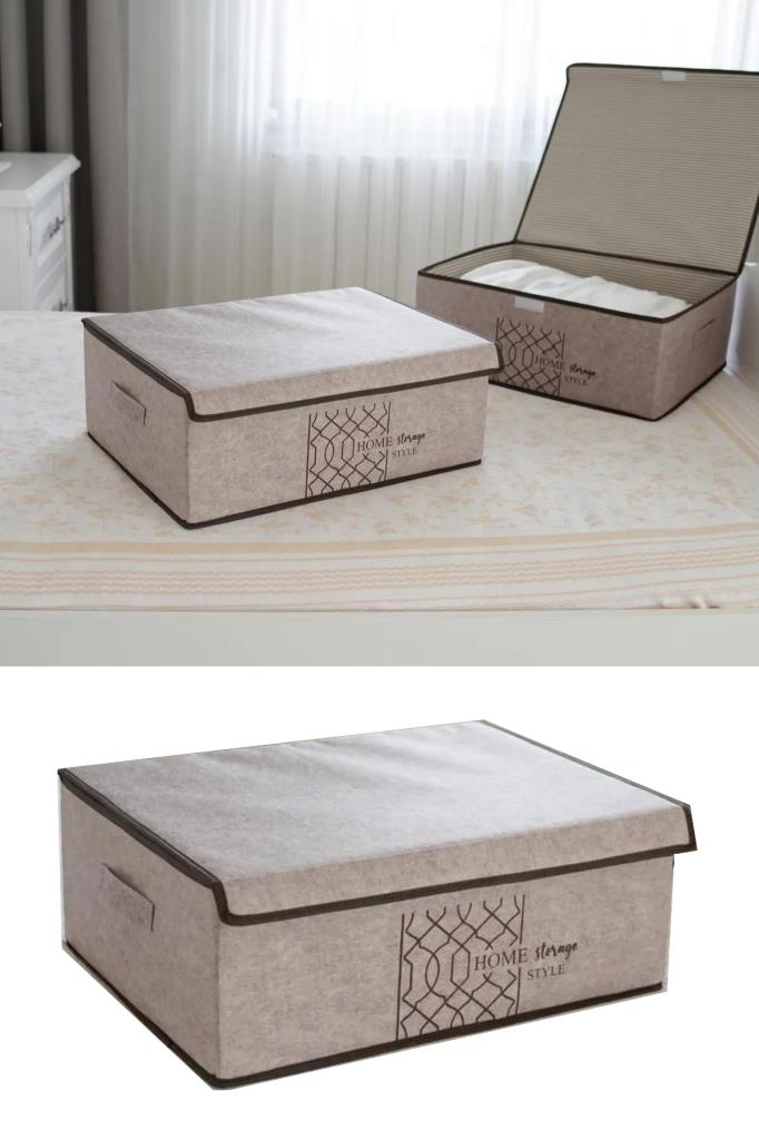 Flosoft Keçe Kapaklı Baza Hurcu, Çok Amaçlı Düzenleyici Organizer Kapaklı Kutu 50x40x19 Cm Krem