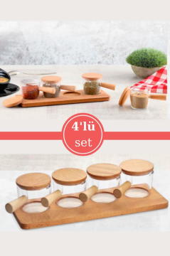 Flosoft Doğal Ahşap Stantlı Ahşap Kapaklı 4’lü Mika Sosluk, Baharat Reçel Sos Sunum Seti