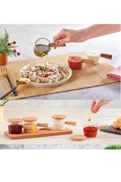 Flosoft Doğal Ahşap Stantlı Ahşap Kapaklı 4’lü Mika Sosluk, Baharat Reçel Sos Sunum Seti