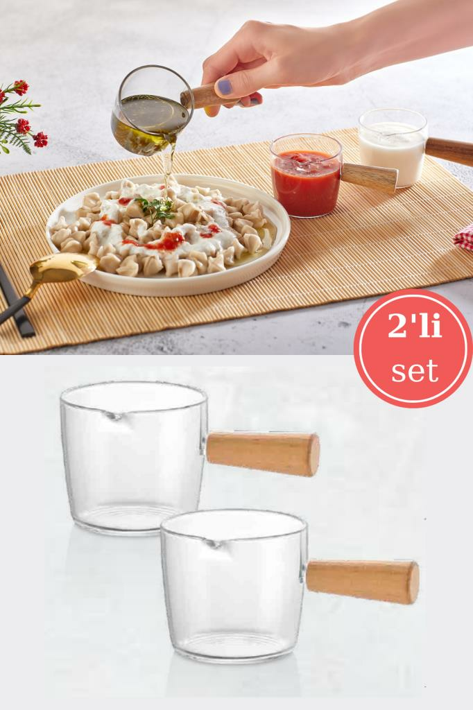 Flosoft Ahşap Saplı 2’li Mika Sosluk Takımı, Reçel Sos Baharat Kahve Yanı Sunum Seti