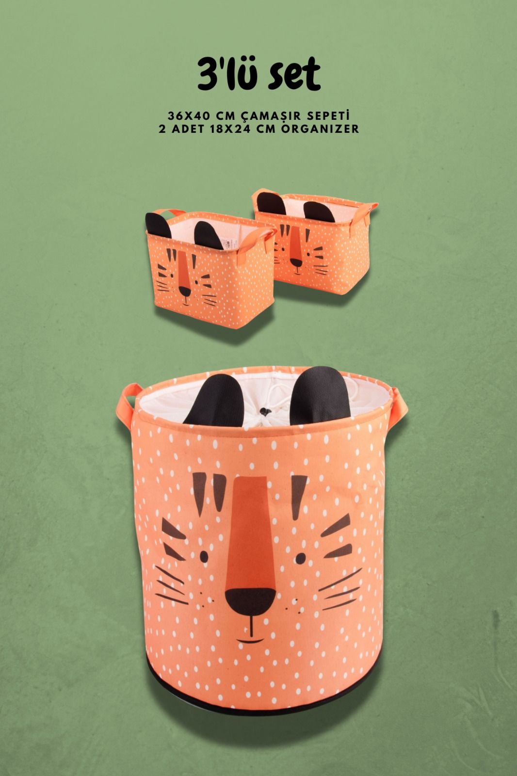 Kaplan Desenli Bebek Çocuk Odası Düzenleyici Saklama Kutusu, Oyuncak Kirli Sepeti 3'lü Set