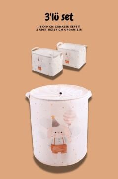 Tavşan Desenli Bebek Çocuk Odası Düzenleyici Saklama Kutusu, Oyuncak Kirli Sepeti 3'lü Set